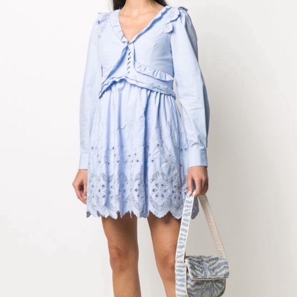 Self-Portrait Cotton Broderie Mini Dress Light Blue Open Back Size 6 Women’s - Picture 1 of 14